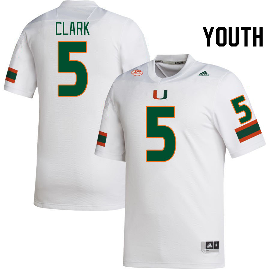 Youth #5 C.J. Clark Miami Hurricanes College Football Jerseys Stitched-White